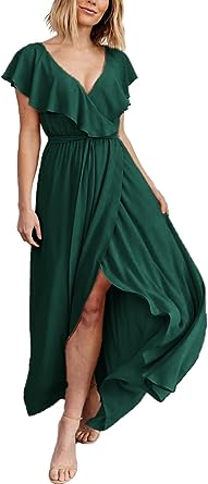 Photo 1 of BerryGo Women's 2023 Summer Casual Ruffle Wrap Maxi Dress Formal Short Sleeve Deep V Neck Flowy Bridesmaid Long Dress Small