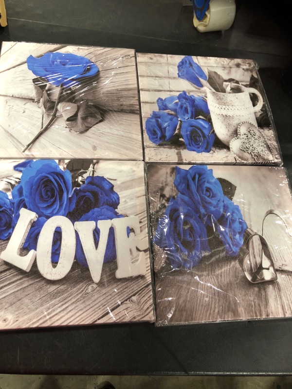 Photo 1 of 4 BLUE CANVAS FRAME WITH BLUE ROSES 12" X 12"