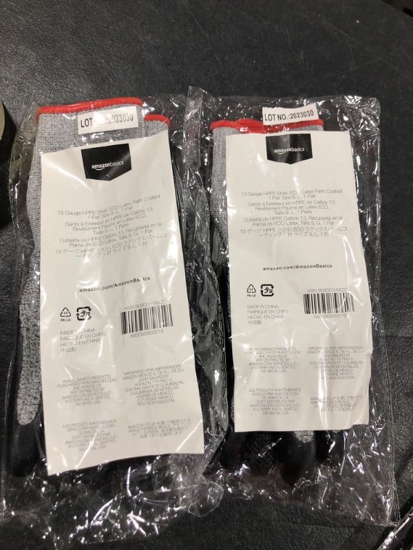 Photo 1 of 2 Pair Amazon Basics 13 gauge HPPE shell, ECO-latex palm coated 2 pair Size 9,L, 2-pair Large (Pack of 2) Hppe Shell 2 pair/pack