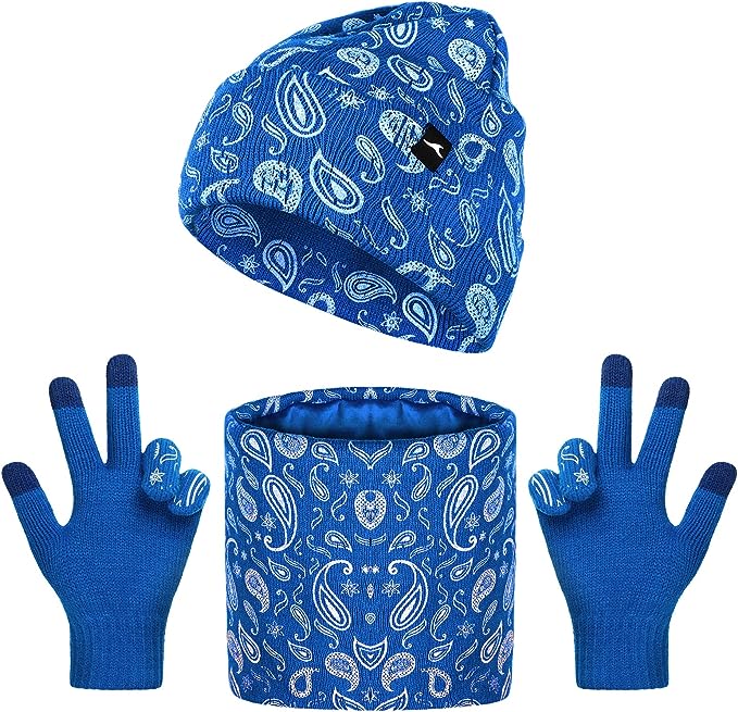 Photo 1 of Achiou 3 Pcs Winter Hat Scarf Touchscreen Gloves Set, Warm Paisley Knit Hat Slouchy Beanie for Men Women Neck Warmer Gaiter

