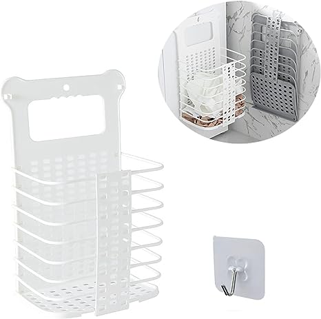 Photo 1 of  Collapsible Laundry Basket Wall Hanging Orgainzer Bathroom Foldable Dirty Clothes Hamper with Handle (White-Small)