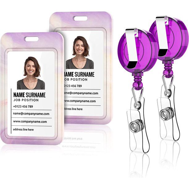 Photo 1 of 2 Pack Badge Holder with Lanyard Retractable Reel Heavy Duty Vertical Hard Platic ID Card Holder for Women Men Nurse Teachers School Medical Law Enforcements (Purple Pink)