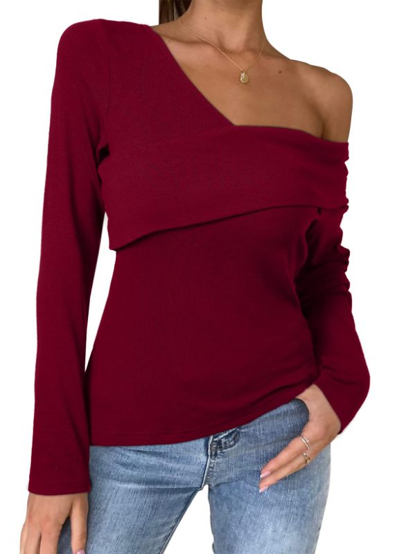 Photo 1 of Asvivid Womens Sexy Off The Shoulder Tops Long Sleeve V Neck Cross Ribbed Knit Wrap Tee Shirt Blouse X-Large A Red