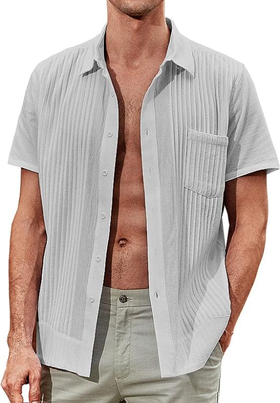 Photo 1 of AstoSeu Mens Short Sleeve Button Down Shirts Cuban Guayabera Vacation Linen Beach Shirts - SMALL 
