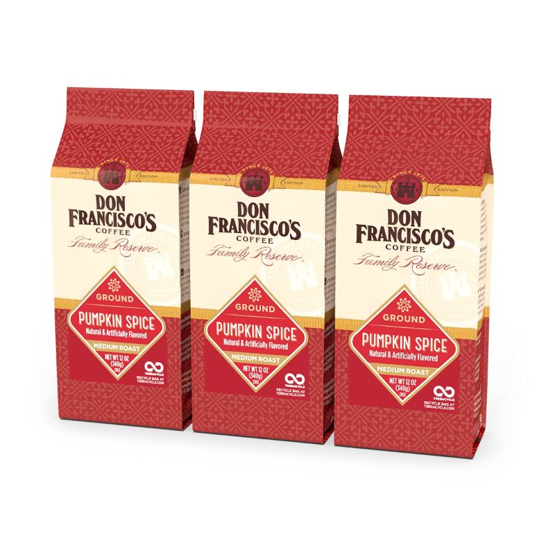 Photo 1 of  EXP 12 /23 Don Francisco's Pumpkin Spice Flavored Ground Coffee, 100% Arabica - 3 X 12 Ounce Bags
