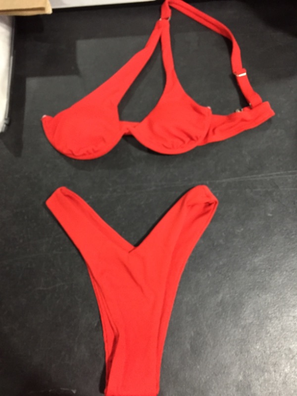 Photo 2 of  X-Small Red Sexy Underwire One Shoulder Bikini High Cut Brazilian Swimsuit Set 2 Piece