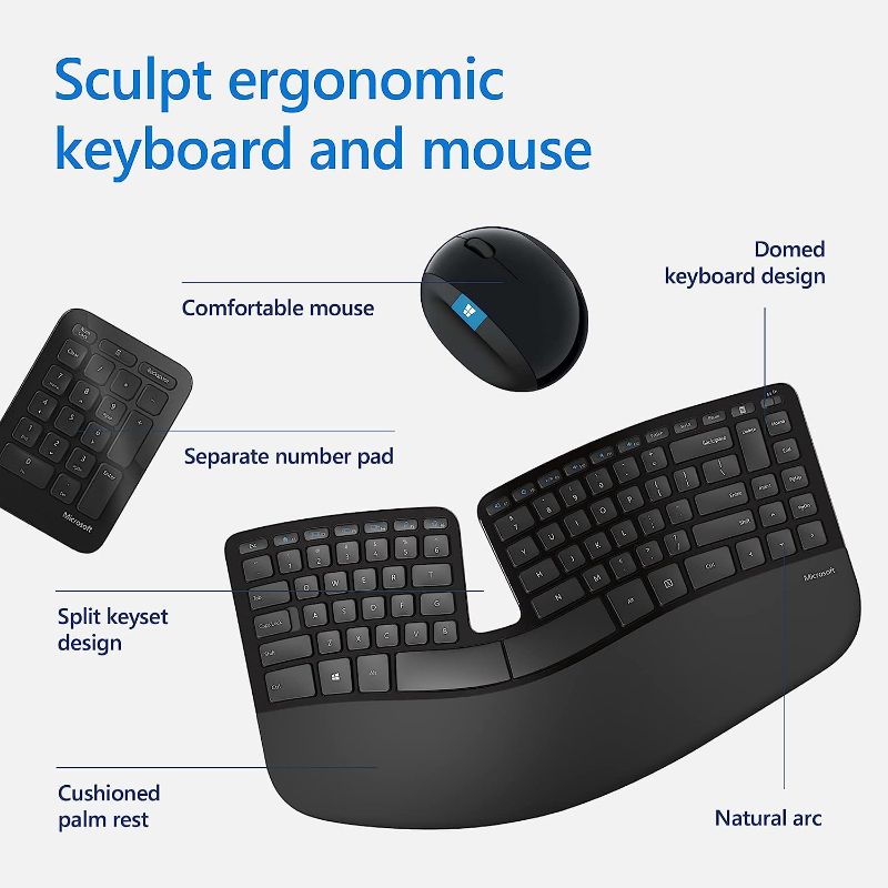 Photo 1 of Microsoft Sculpt Ergonomic Wireless Desktop Keyboard and Mouse - Black. Wireless , Comfortable, Ergonomic Keyboard and Mouse Combo with Split Design and Palm Rest.