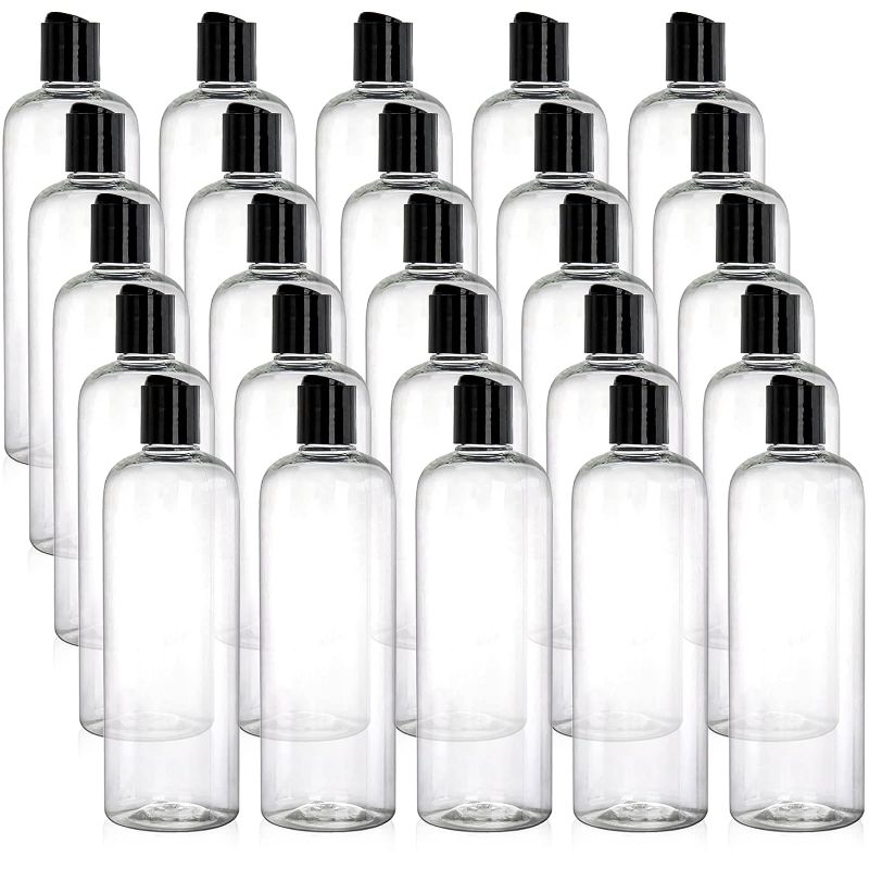 Photo 1 of  20 Pack 16oz Clear Plastic Empty Bottles with Disc Top Flip Caps, Refillable Shampoo Bottles, Squeezable Travel Containers for Shampoo, Lotions, Liquid Body Soap, Creams, BPA Free 