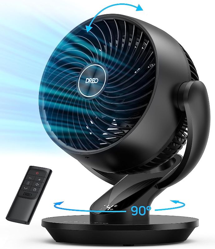 Photo 1 of Dreo Table Fans for Home Bedroom, 9 Inch Quiet Oscillating Floor Fan with Remote, Air Circulator Fan for Whole Room, 70ft Powerful Airflow, 120° Adjustable Tilt, 4 Speeds, 8H Timer