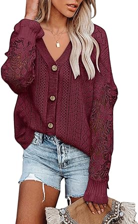 Photo 1 of AlvaQ Womens Lightweight Lace Crochet Cardigan Sweater Kimonos Casual Oversized Open Front Button Down Knit Outwear 