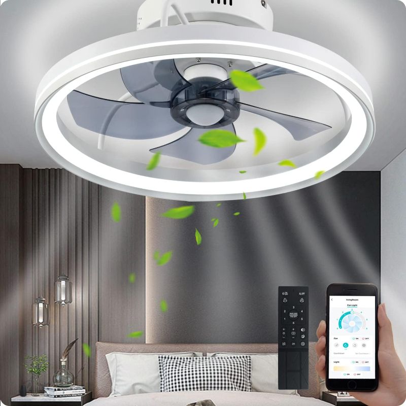 Photo 1 of YeetFerret Bladeless Ceiling Fan with Light,19in White Low Profile Ceiling Fan with Light and Remote/APP Control,Timing 6 Wind Speeds Dimmable 3 Colors Modern Ceiling Fan With Light for Bedroom 