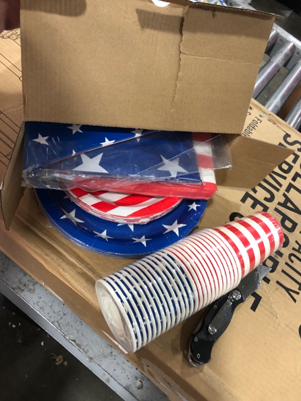 Photo 2 of 4th of July American Flag Patriotic Party Supplies Disposable Paper Plates Napkins Cocktail Napkins Cups Tablecloth and Banner for Veterans Day Election Day 4th of July Independence Day Decorations, Serve 25