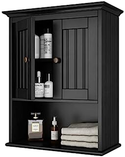 Photo 1 of Treocho Wood Wall Cabinet Bathroom Medicine Cabinet Storage with Doors and Adjustable Shelf Wall Mount for Bathroom, Livingroom, Kitchen, Cupboard, Black