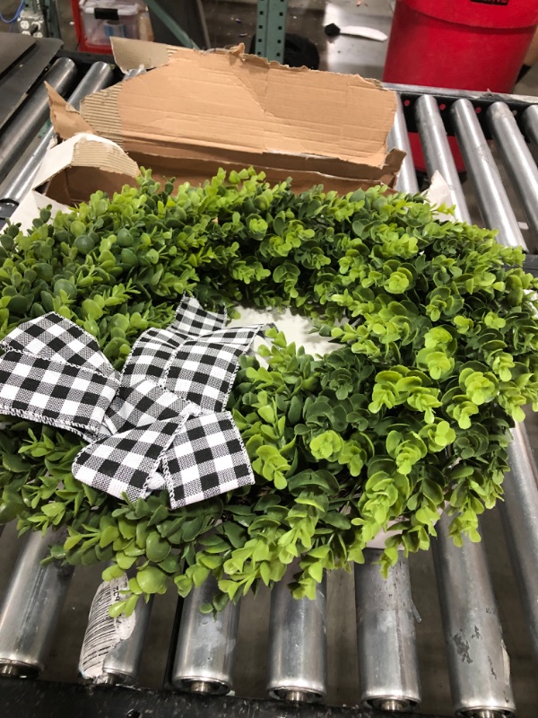 Photo 2 of 23" Faux Round Boxwood Wreath, Vlorart Artificial Boxwood Wreath Front Door Wreaths Artificial Spring Summer Greenery Hanging with A Plaid Bow for Front Door Wall Hanging Window Wedding Party Decor 23inch