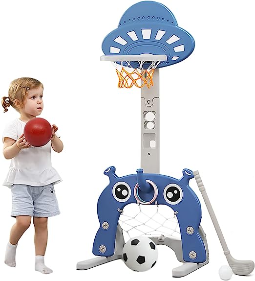 Photo 1 of Basketball Hoop for Kids 4 in 1 Sports Activity Center Grow-to-Pro Adjustable Easy Score Basketball Hoop Football/Soccer Goal Golf Game Ring Toss Best Gift for Kids Baby Infant Toddler 