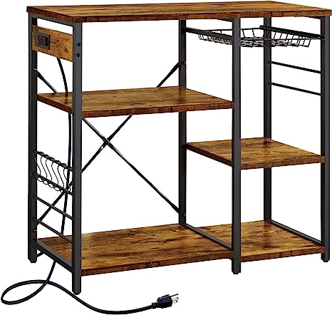 Photo 1 of SUPERJARE Kitchen Bakers Rack with Power Outlet, Coffee Bar Table Station, Microwave Stand with 6 S-Shaped Hooks, Wire Basket, Storage Shelf - Rustic Brown