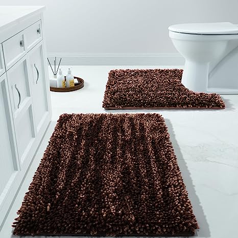 Photo 1 of Yimobra Bathroom Rugs Sets 2 Piece, Luxury Shaggy Extra Thick Bathroom Rugs, Plush Non-Slip Mats for Bath Room Floor, U-Shaped Toilet Mat, Ultra Absorbent, 24 x 17 + 24.4 x 20.4 Inches,Coffee