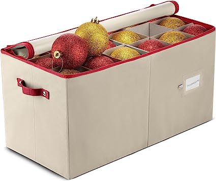 Photo 1 of Zober Large Christmas Ornament Storage Box - Stores 54 Ornaments W/Dividers - Non-Woven, Durable Christmas Storage Containers - Dual Zipper - Ivory