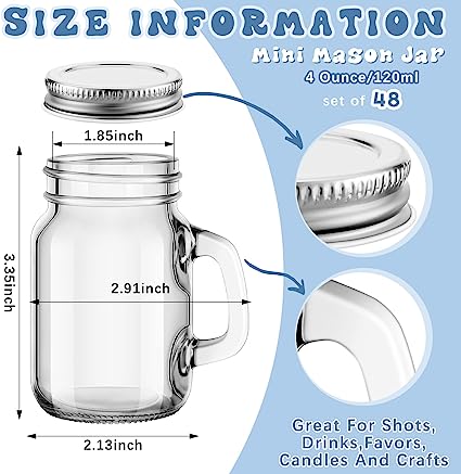 Photo 1 of 3 Pcs 4 oz Mason Jar Cups with Handles Silver Metal Lids, Clear Retro Mason Jar Mugs Glass Mason Jars Drinking Glass for Beverages Storage Decoration Party Favor Gift