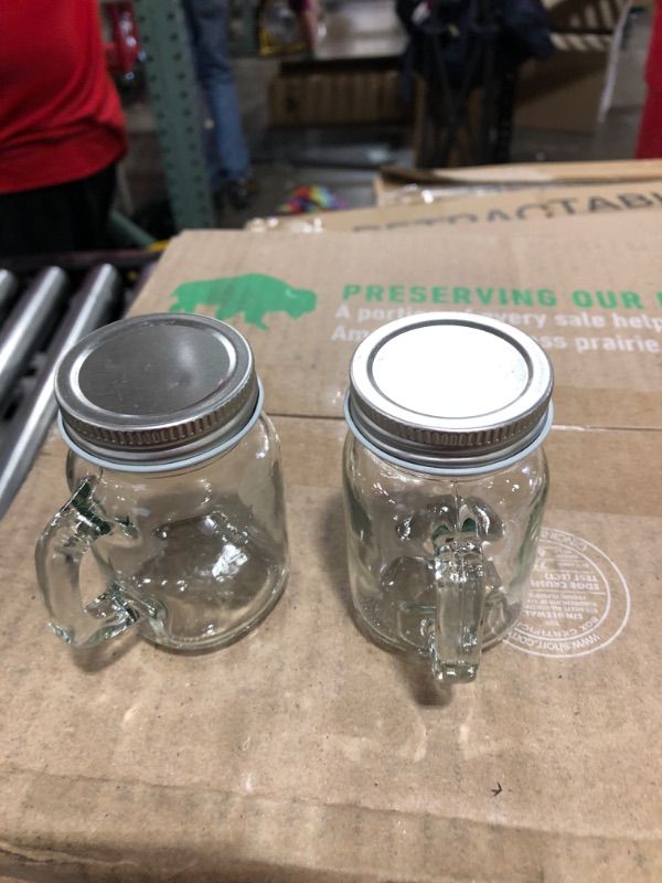 Photo 1 of 2 Pcs 4 oz Mason Jar Cups with Handles Silver Metal Lids, Clear Retro Mason Jar Mugs Glass Mason Jars Drinking Glass for Beverages Storage Decoration Party Favor Gift