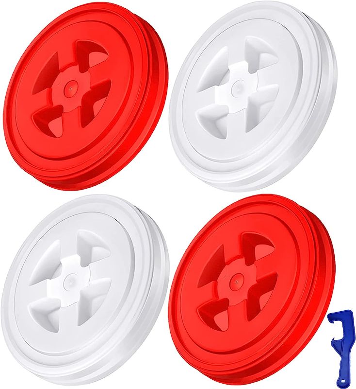 Photo 1 of 4 Pieces 5 Gallon Buckets Plastic Twsit Lid(Fits 3.5, 5, 6, & 7 Gal bucket) and 1 Pieces Blue Bucket Lid Opener ,Leak-Proof Screw Container Food Grade Lids for Home Grain Pet Paint Storage
