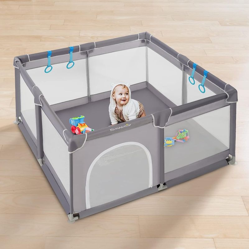 Photo 1 of Baby Playyard 50 x 50 inch Play Pen, Large Play Yard for Toddlers, Play Area Center with 4 Pull Rings and Carry Bag Dark Grey (No Balls)

