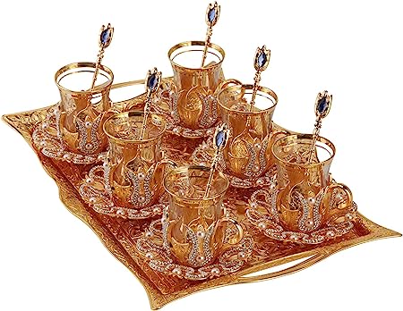 Photo 1 of (Set of 6) Turkish Tea Glasses Set with Saucers Holders Spoons & TRAY, Decorated with Swarovski Type Crystals and Pearl,25 Pcs, 3.3 Ounces
