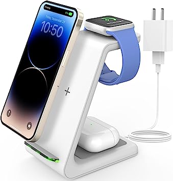 Photo 1 of JoyGeek Wireless Charging Station, Wireless Charger Stand, 3 in 1 Charging Station for Apple iPhone 14/13/12/11/SE/X/8 Series, Apple Watch Ultra/8/SE/7/6/3, AirPods Pro 2/3/2/Pro - White

