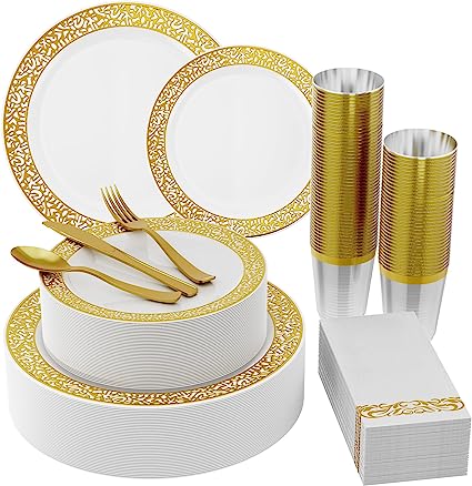 Photo 1 of 210 Count Gold Plastic Dinnerware, Gold Disposable Plates, Includes: 30 Dinner Plates 30 Dessert Plates & 30 Cups & 30 Linen Like Gold Paper Napkins & 30 Plastic Silverware Set, Plastic Dinner Plates
