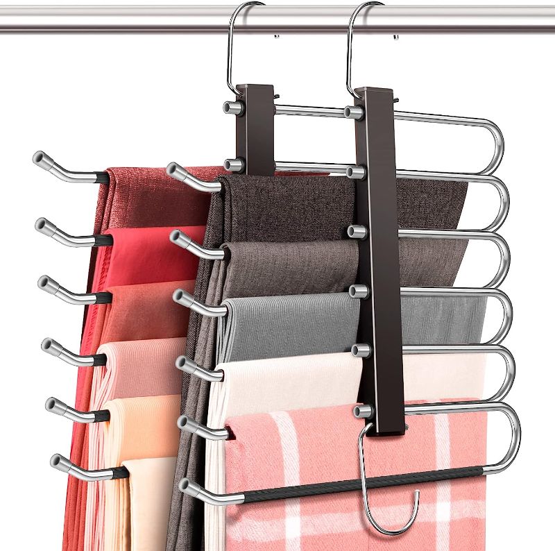 Photo 1 of ?????? Pant Hangers Space Saving - 2 Pack for Closet, HUITEM Multi Functional Pants Rack, Upgraded Anti-Slip Pants Organizer & Jean Hangers for Closet Suit for Trousers Scarf Slack (Black)
