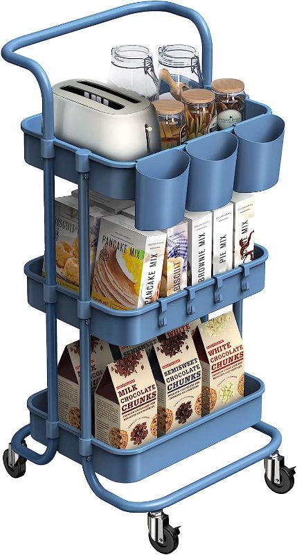 Photo 1 of alvorog 3-Tier Rolling Utility Cart Storage Shelves Multifunction Storage Trolley Service Cart with Mesh Basket Handles and Wheels Easy Assembly for Bathroom, Kitchen, Office (Color Navy Blue)
