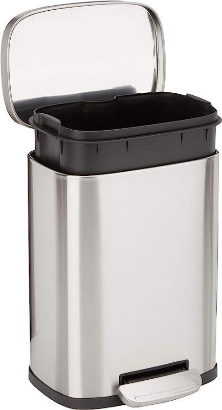 Photo 1 of Amazon Basics Smudge Resistant Small Rectangular Trash Can With Soft-Close Foot Pedal, Brushed Stainless Steel, 5 Liter/1.3 Gallon, Satin Nickel Finish
