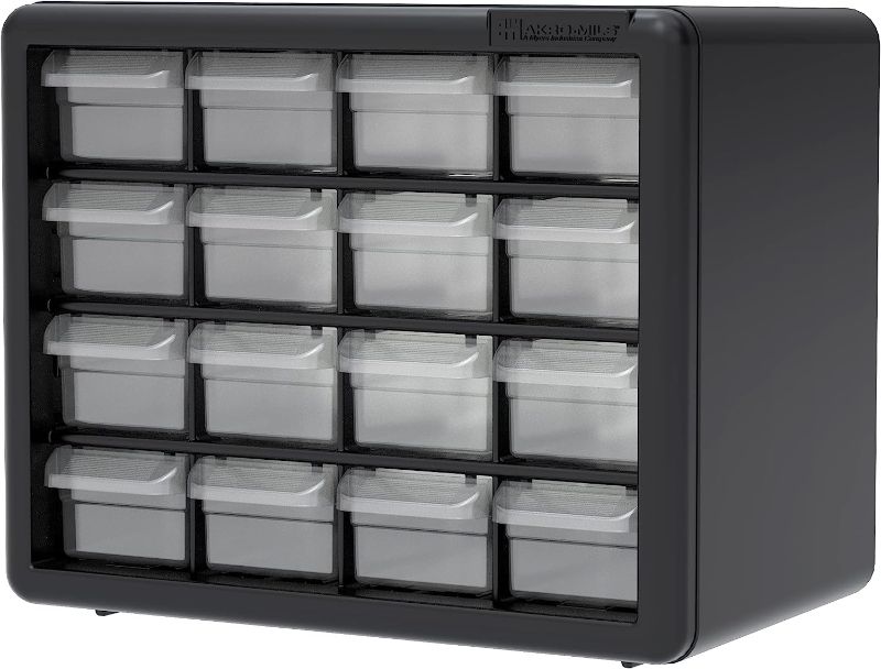 Photo 1 of Akro-Mils 16 Drawer 10116, Plastic Parts Storage Hardware and Craft Cabinet, Black (1-Pack) & 40716 Width Dividers for Plastic Storage Hardware and Craft Cabinet Small Drawers, (16-Pack), Clear, White
