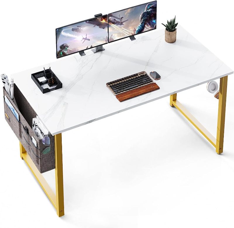 Photo 1 of ODK Computer Writing Desk 47 inch, Sturdy Home Office Table, Work Desk with A Storage Bag and Headphone Hook, White Marble + Gold Leg
