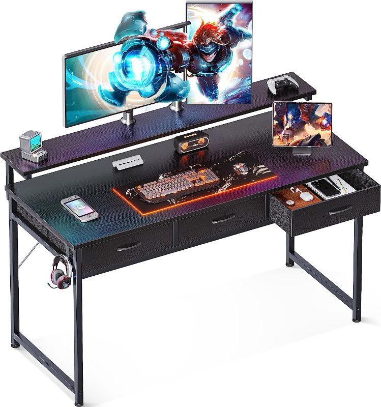 Photo 1 of ODK 55 inch Computer Desk with Drawers, Home Office Desk with Adjustable Monitor Stand, Modern Work Study Writing Table Desk, Black
