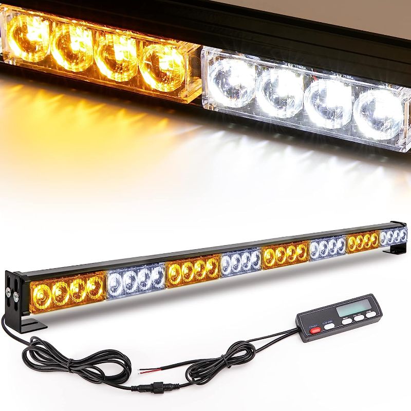 Photo 1 of Emergency Light Bar 36 Inch 16 Flash Modes 32 Led Emergency Strobe Lights Traffic Advisor Directional Flashing Safety Light Bar with Led Display Screen Controller(35.5 Inch, Yellow/White)
