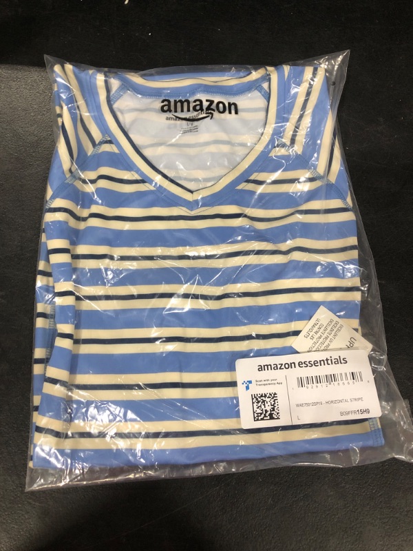 Photo 1 of Amazon Essentials Women's Rash Guard Short Sleeve Large Blue Horizontal Stripe