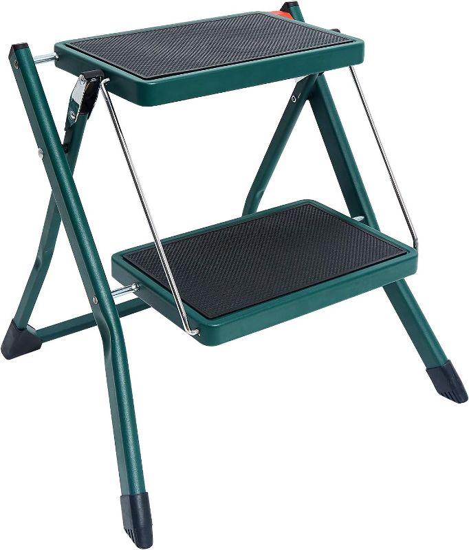 Photo 1 of Delxo Step Stool Folding Ladder 2 Step Stool Heavy Duty Steel Sturdy Wide Pedal Lightweight Anti-Slip Portable & Collapsible Green