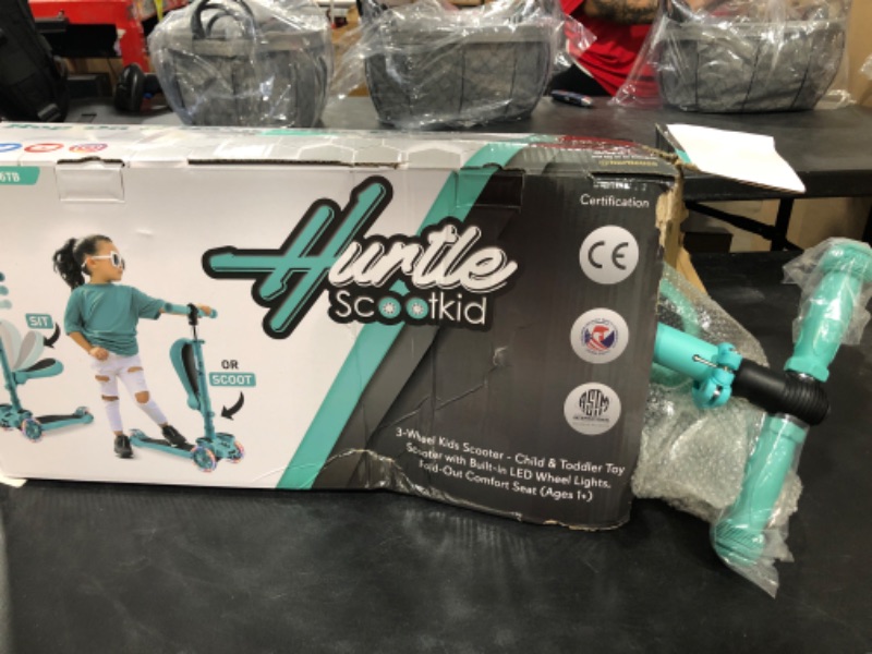 Photo 1 of 3 Wheeled Scooter for Kids - Stand & Cruise Folding Kick Scooters w/Adjustable Height, Anti-Slip Deck, Flashing Wheel Lights, 2-12 Year Old - Hurtle HURFS56 Teal