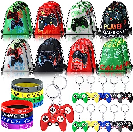 Photo 1 of 34 Pcs Video Game Party Favors Set Include 10 Video Game Party Loot Bags 12 Video Game Bracelets Wristbands 12 Game Controller Keychains for Birthday Party Supplies Gift