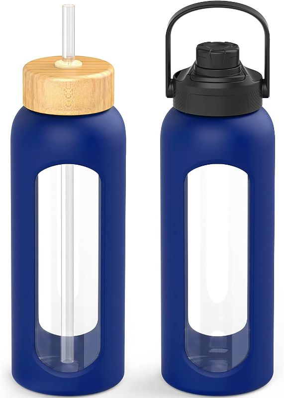 Photo 1 of 
Kodrine Glass Water Bottles with Straw, 32 oz Water Bottle with 2 Lids - Handle Spout Lid & Bamboo Straw Lid, Motivational Water Bottle with Silicone Sleeve, Wide Mouth, Leakproof, BPA Free