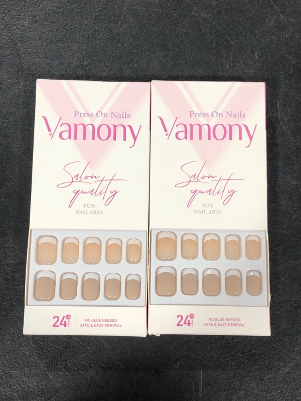 Photo 2 of (2 PACK) Vamony French Tip Press On Nails Short Length, French Manicure Press on Nails, Gel Press on French Tip Nails, Stick on Nails for Women, Rosy Brown Nude