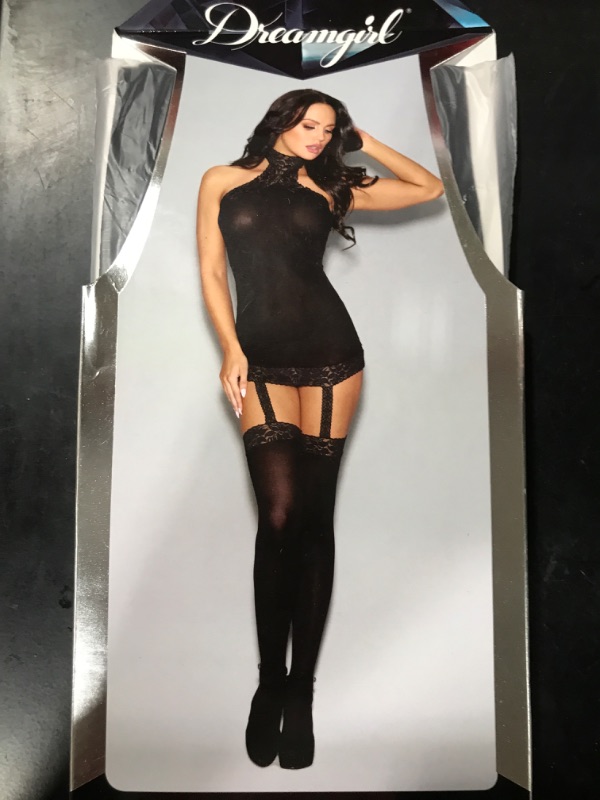 Photo 2 of Dreamgirl Women's Sheer Halter Garter Lingerie Dress with Attached Thigh High Stockings - One Size Fits Most 