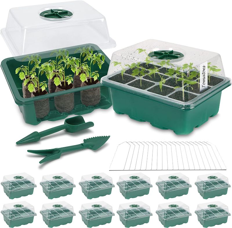 Photo 1 of 12 Pack Seed Starter Tray Seed Starter Kit with Humidity Dome (12 Cells Per Tray) Base Plant Starter Seed Germination Kit Including 144 Peat Pellets 144 Plant Labels 2 Tools for Plant Growing - STOCK PHOTO IS A REFERENCE ONLY 