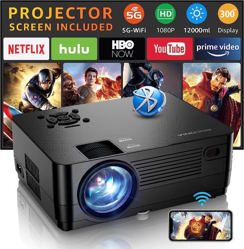 Photo 1 of 5G WiFi Bluetooth Native 1080P Projector[Projector Screen Included], Roconia 12000LM Full HD Movie Projector, 300" Display Support 4k Home Theater,Compatible with iOS/Android/XBox/PS4/TV Stick/HDMI
