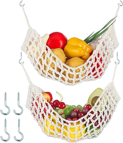 Photo 1 of 2 Pcs 11.8 x 20 Inch Macrame Fruit Hammock for Kitchen Under Cabinet Hanging Fruit Baskets Handwoven Cotton Veggie Decorative Fruit Net Bag with 4 Hooks for Home Boat RV Vegetable (Rustic Style) 