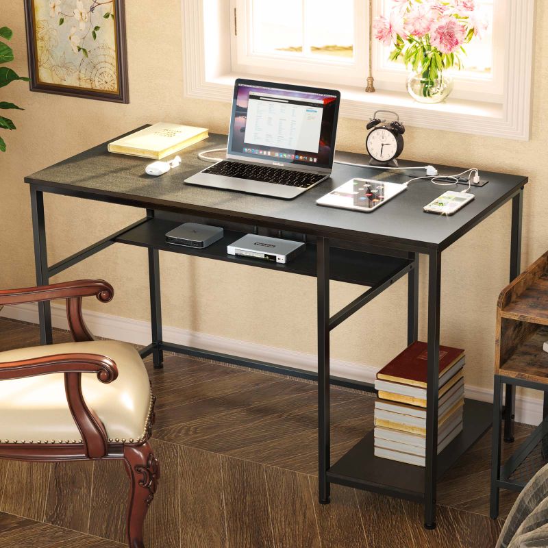 Photo 1 of Rolanstar Computer Desk with Shelves 55 Inch Desk with Power Outlet for Home Office & Bedroom, Black
