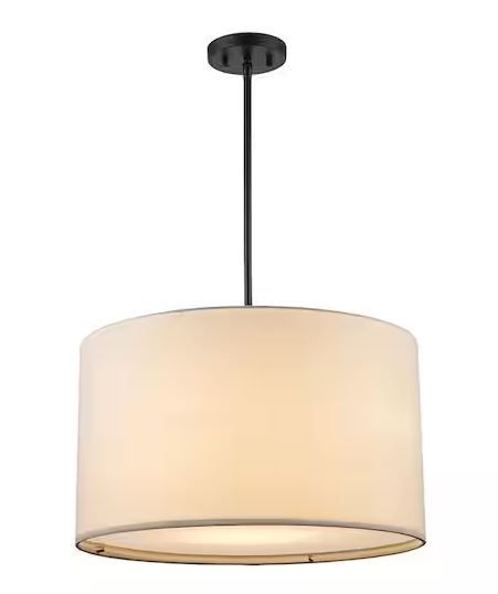 Photo 1 of 2-Light Black Hanging Pendant Light Fixture with Linen Drum Shade
