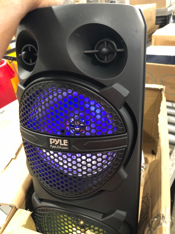 Photo 3 of Pyle Remote Portable Bluetooth PA Speaker - Carry Handle - Wireless Mic, 240W Dual 8" Rechargeable Indoor/Outdoor BT Karaoke Audio System - TWS, Party Lights, LED Display, FM/AUX/MP3/USB/SD, 6.5mm in