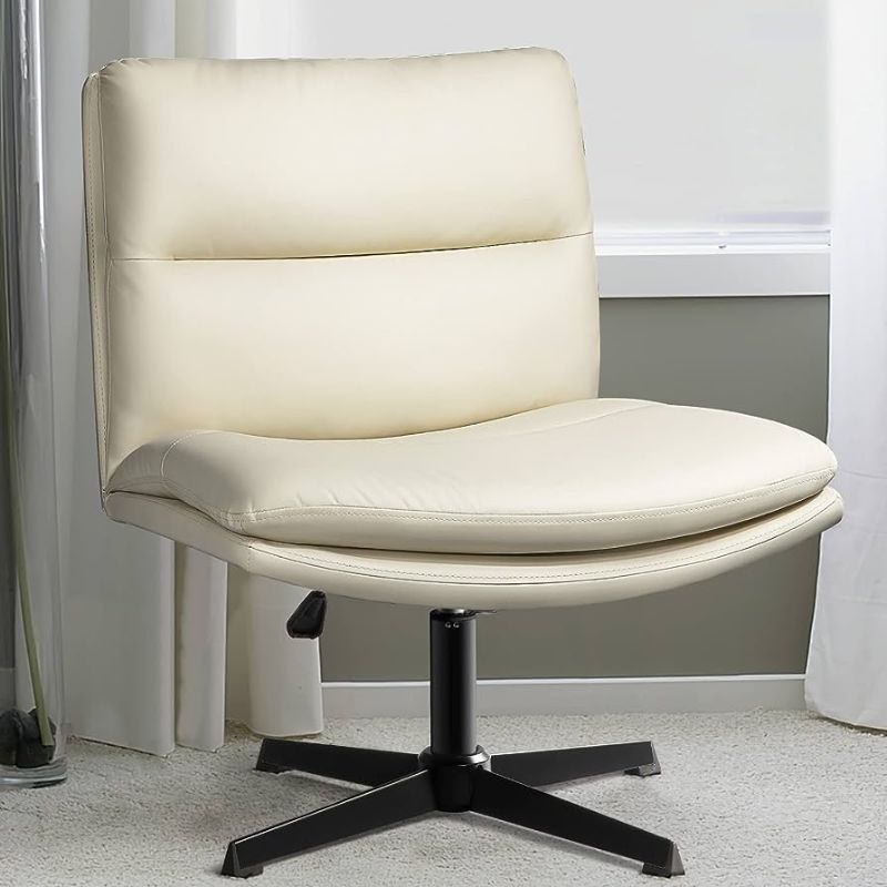 Photo 1 of Office Chair Armless Desk Chair No Wheels,Thick Padded Leather Home Office Chairs, Adjustable Swivel Rocking Vanity Chair, Wide Task Computer Chair for Office,Home,Make Up,Small Space,Bedroom BEIGE